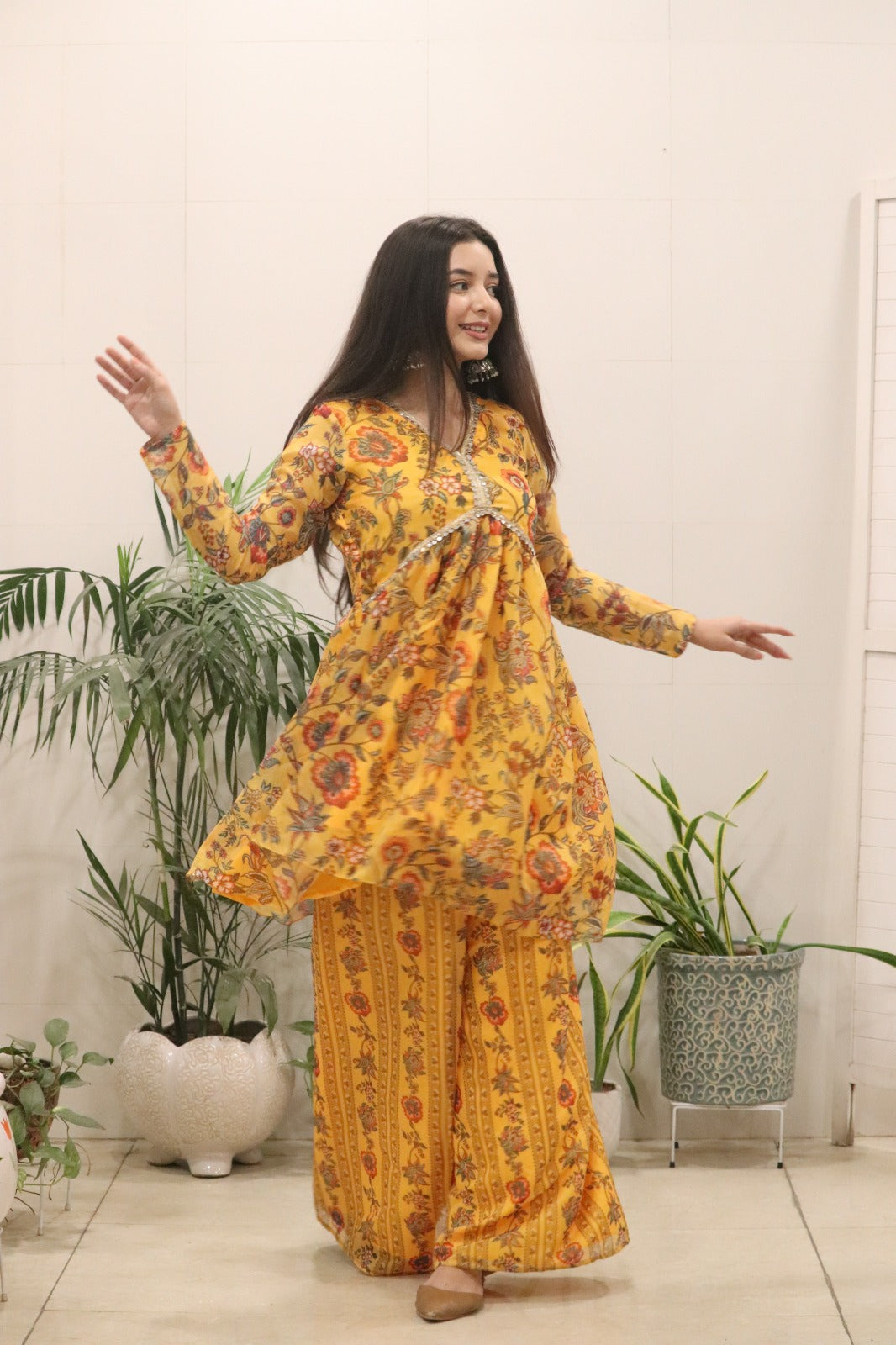 Sunshine Mustard Floral Organza Kurti Palazzo Set for Women