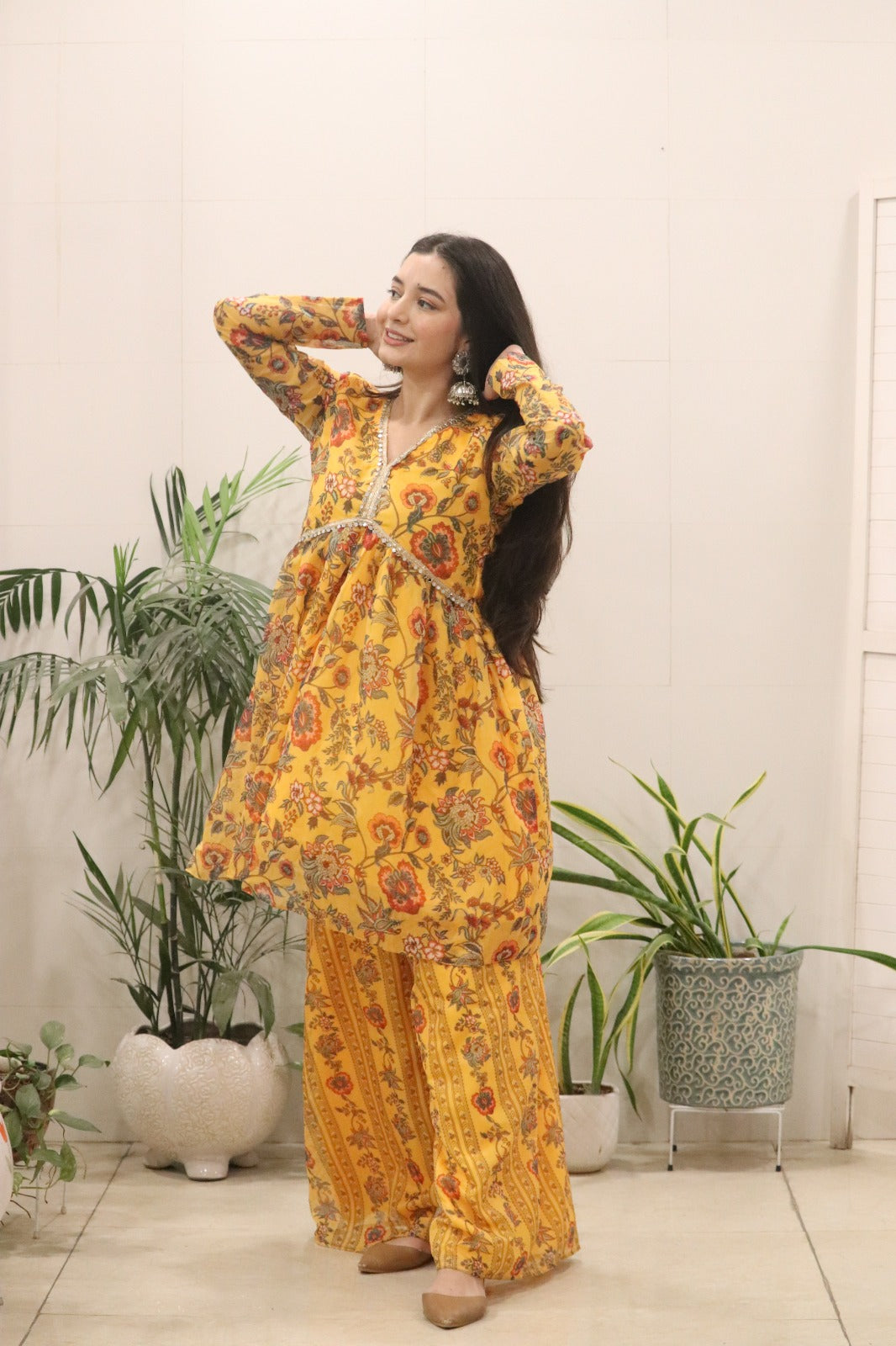Sunshine Mustard Floral Organza Kurti Palazzo Set for Women