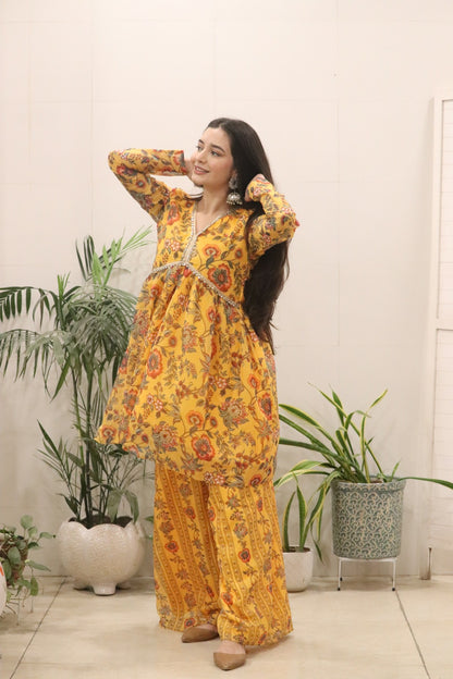 Sunshine Mustard Floral Organza Kurti Palazzo Set for Women