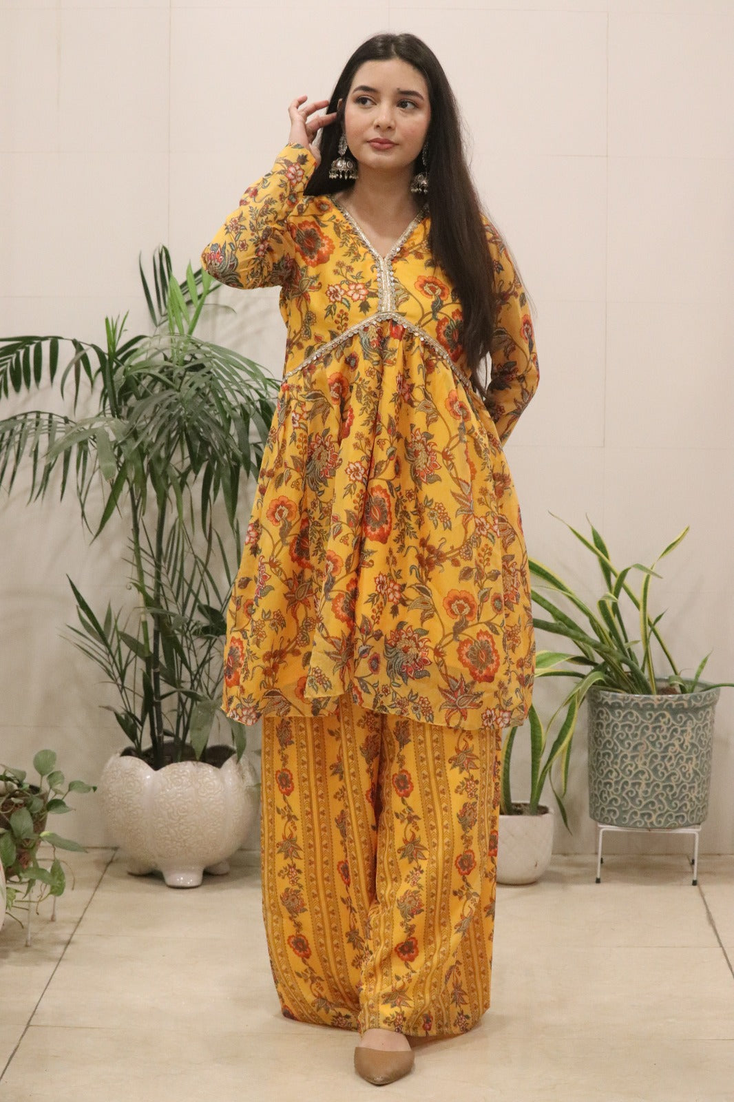 Sunshine Mustard Floral Organza Kurti Palazzo Set for Women