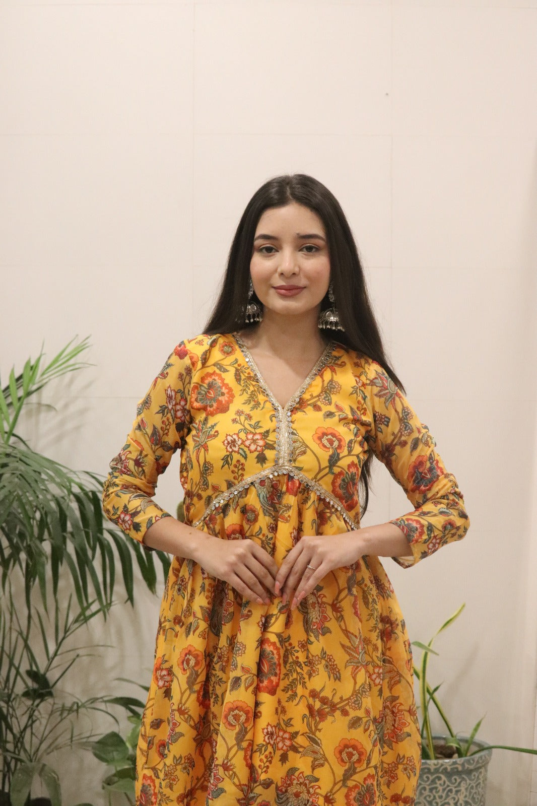 Sunshine Mustard Floral Organza Kurti Palazzo Set for Women