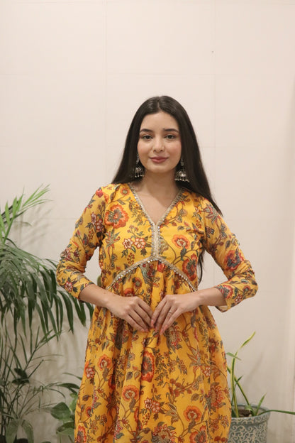 Sunshine Mustard Floral Organza Kurti Palazzo Set for Women