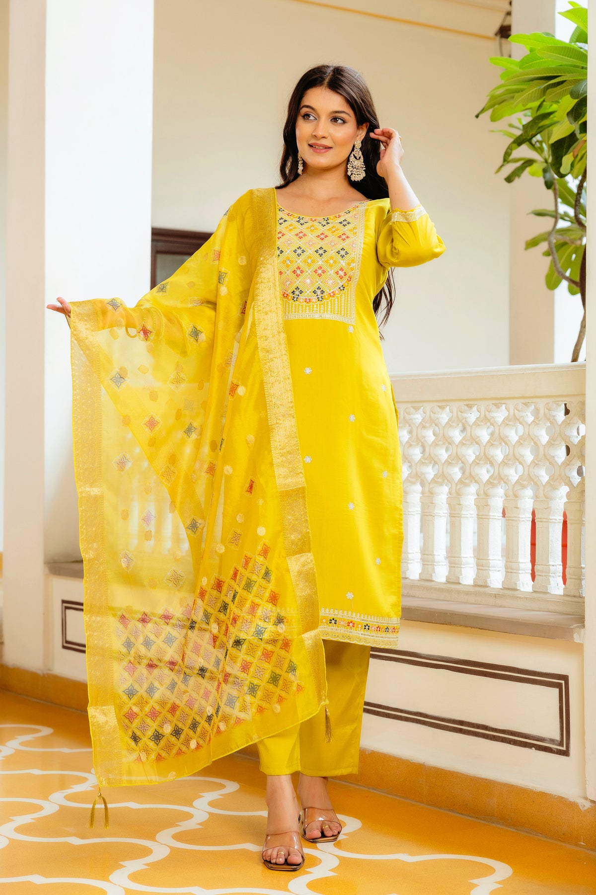 Sunshine Yellow Embroidered Kurti Set with Dupatta for Women