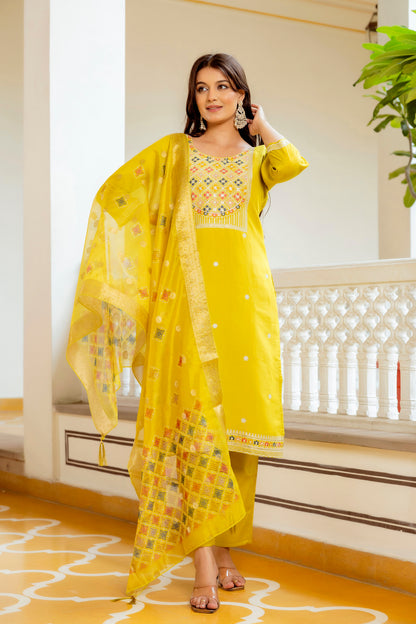 Sunshine Yellow Embroidered Kurti Set with Dupatta for Women