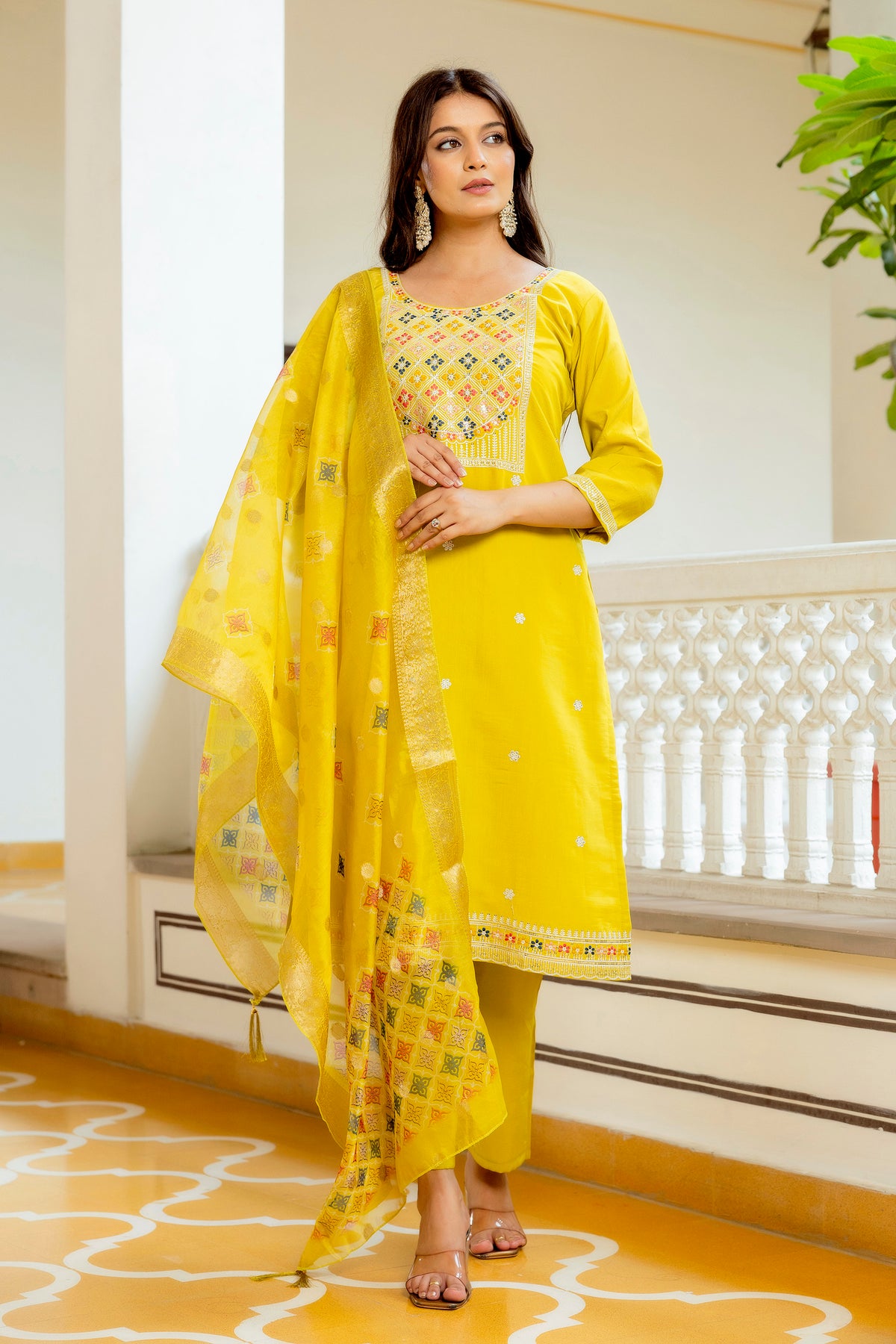Sunshine Yellow Embroidered Kurti Set with Dupatta for Women