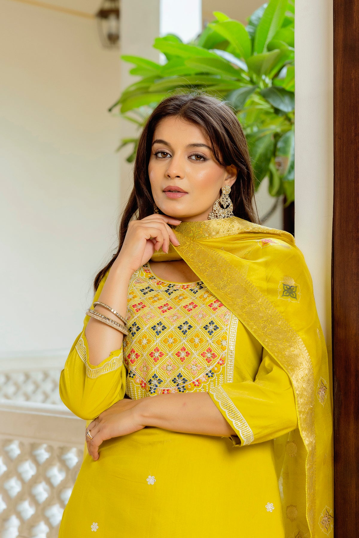 Sunshine Yellow Embroidered Kurti Set with Dupatta for Women