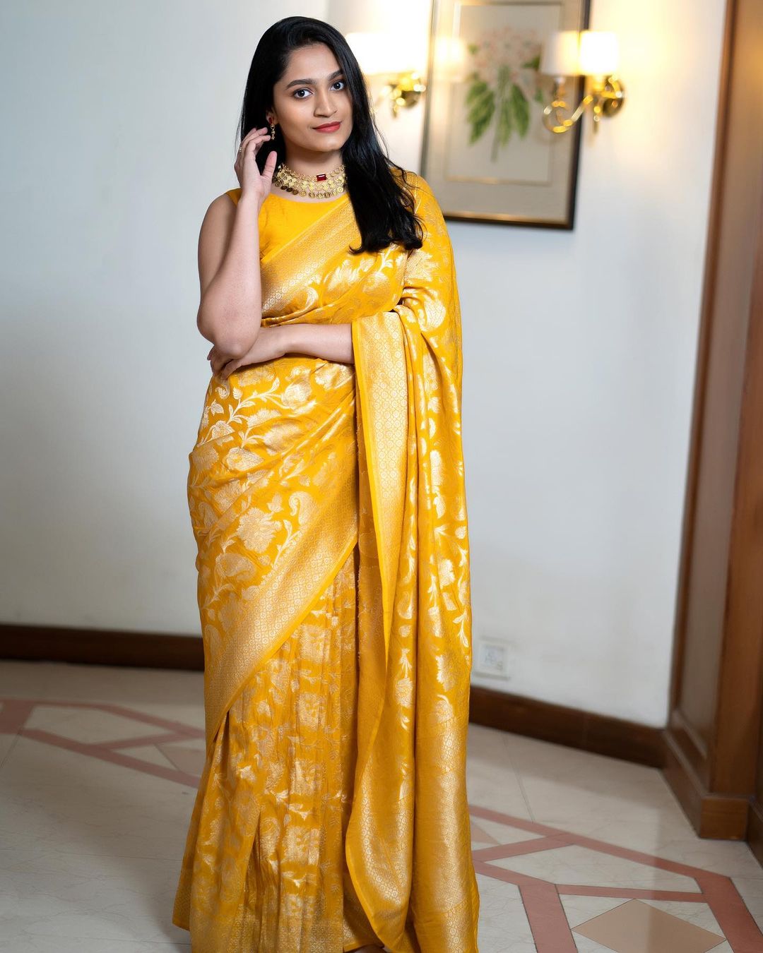 Sunshine Yellow Silk Saree with Traditional Zari Motifs
