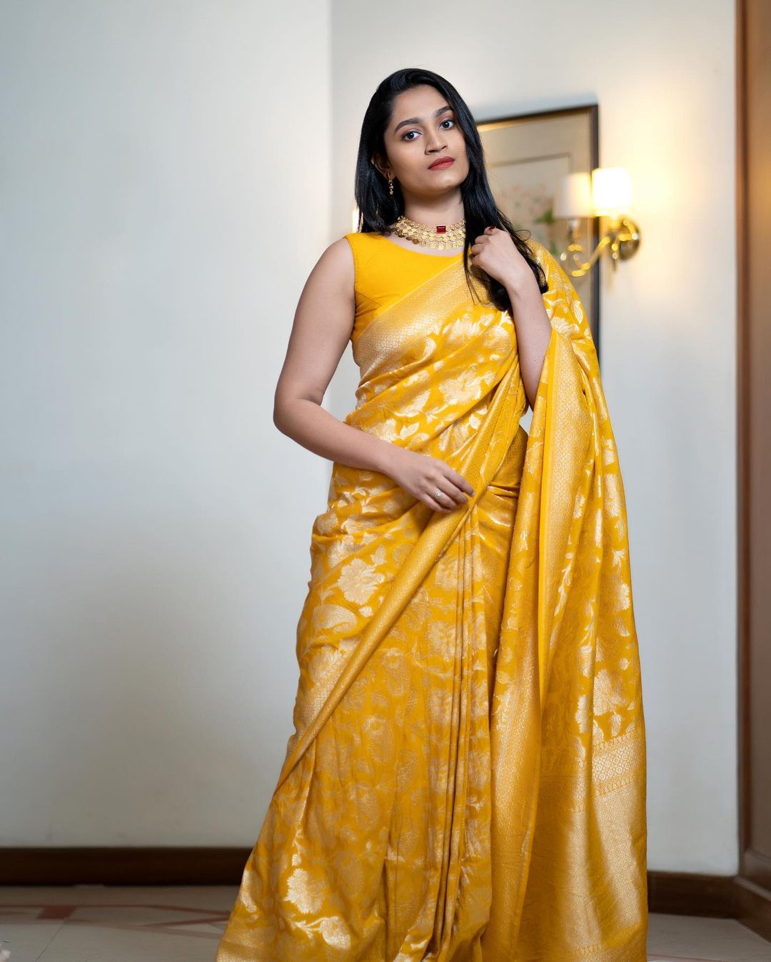 Sunshine Yellow Silk Saree with Traditional Zari Motifs for Women