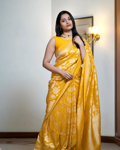 Sunshine Yellow Silk Saree with Traditional Zari Motifs for Women