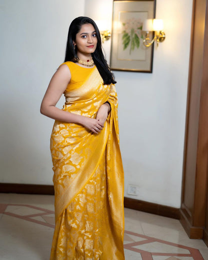 Sunshine Yellow Silk Saree with Traditional Zari Motifs for Women