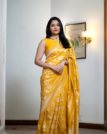 Sunshine Yellow Silk Saree with Traditional Zari Motifs for Women