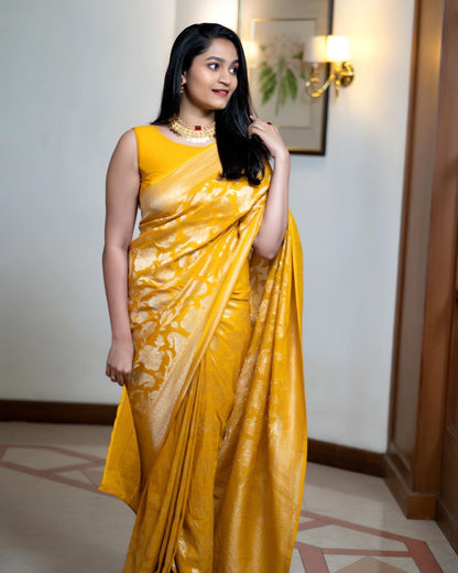 Sunshine Yellow Silk Saree with Traditional Zari Motifs for Women