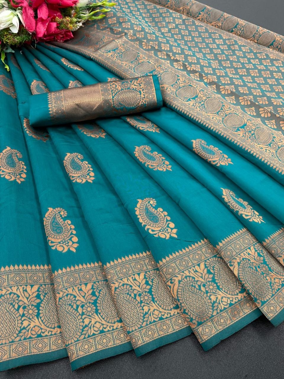 Festive Teal Banarasi Saree with Traditional Motifs for Women