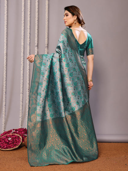 Teal Banarasi Silk Saree with Zari Floral Weaving for Women