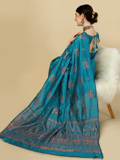 Teal Banarasi Silk Saree with Rich Zari Woven Pallu for Women