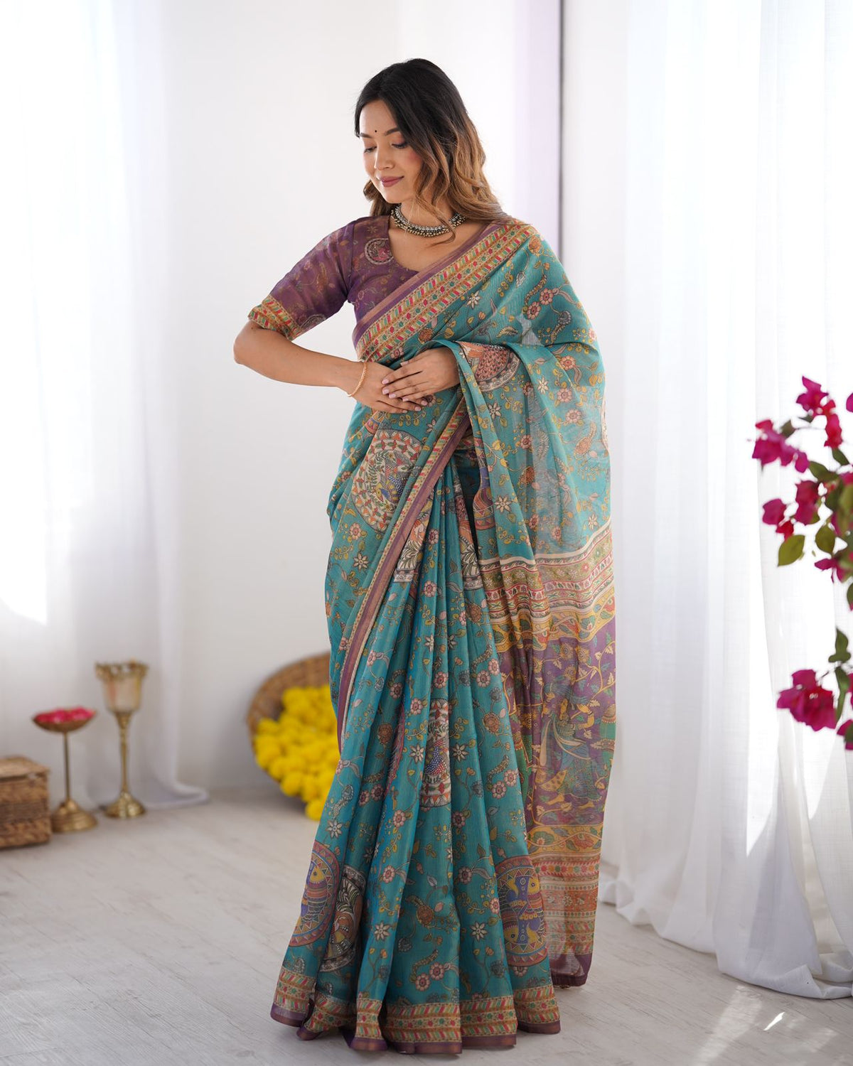 Teal Blue Handloom Cotton Saree with Purple Border &amp; Heritage Pallu