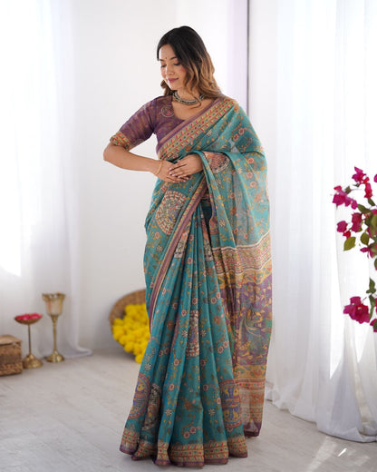 Teal Blue Handloom Cotton Saree with Purple Border &amp; Heritage Pallu