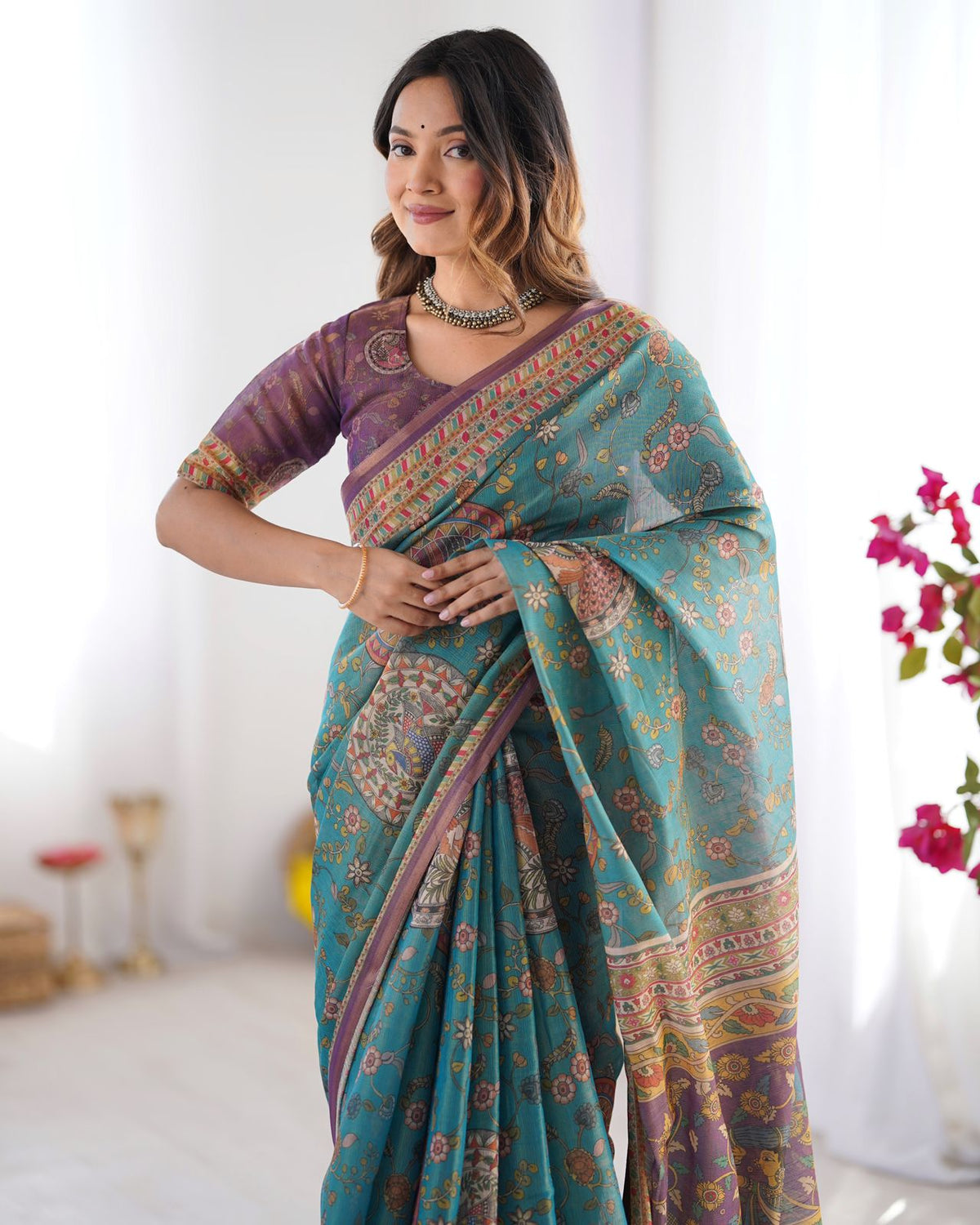 Teal Blue Handloom Cotton Saree with Purple Border &amp; Heritage Pallu