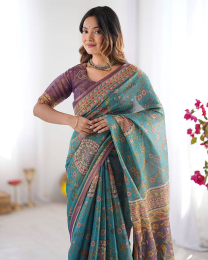 Teal Blue Handloom Cotton Saree with Purple Border &amp; Heritage Pallu