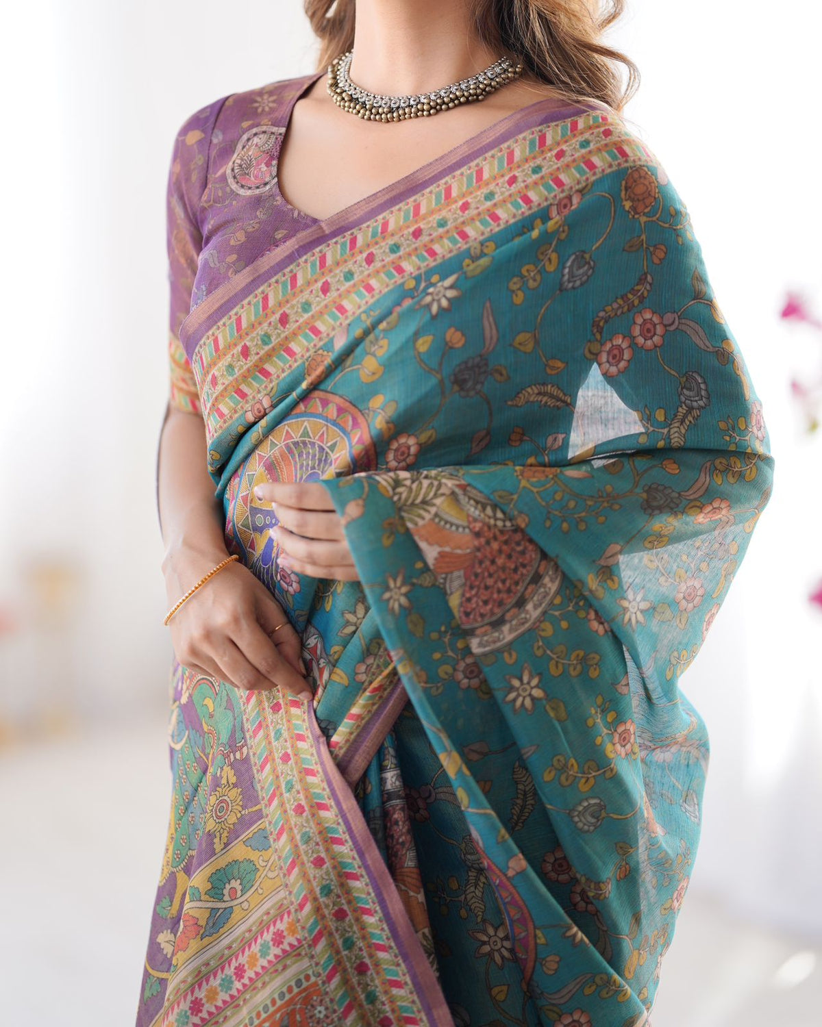 Teal Blue Handloom Cotton Saree with Purple Border &amp; Heritage Pallu