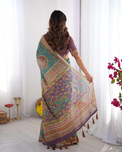 Teal Blue Handloom Cotton Saree with Purple Border &amp; Heritage Pallu