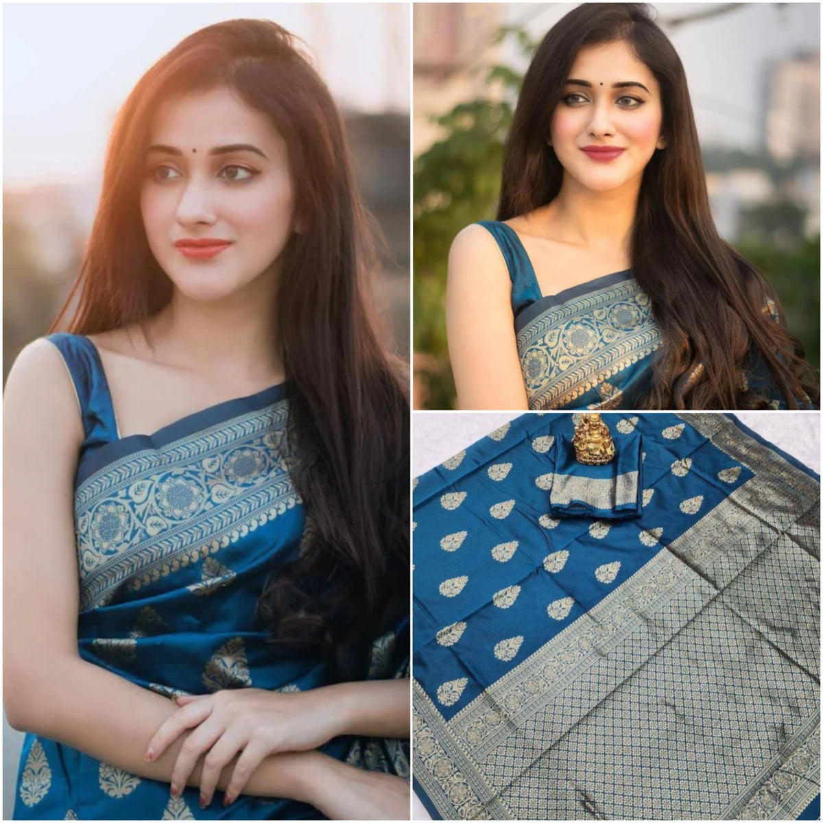 Teal Blue Lichi Silk Saree with Elegant Zari Border for Women