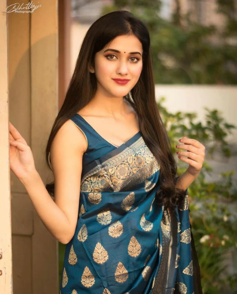Teal Blue Lichi Silk Saree with Elegant Zari Border for Women