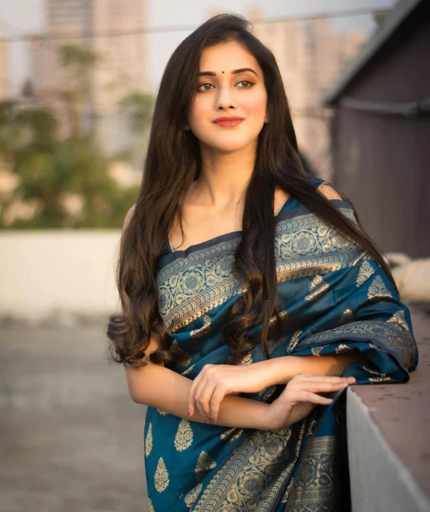 Teal Blue Lichi Silk Saree with Elegant Zari Border for Women