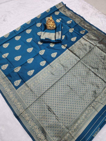 Teal Blue Lichi Silk Saree with Elegant Zari Border for Women