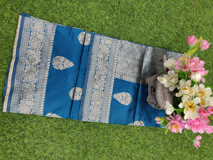Teal Blue Lichi Silk Saree with Elegant Zari Border for Women