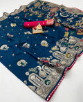 Designer Teal Blue Maslin Silk Saree With Woven Blouse