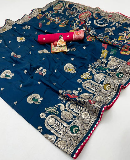 Designer Teal Blue Maslin Silk Saree With Woven Blouse for Women