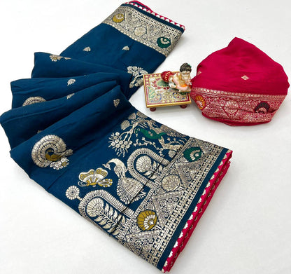 Designer Teal Blue Maslin Silk Saree With Woven Blouse for Women