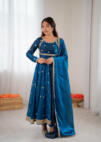 Teal Blue Silk Embroidered Gown Set with Dupatta for Women
