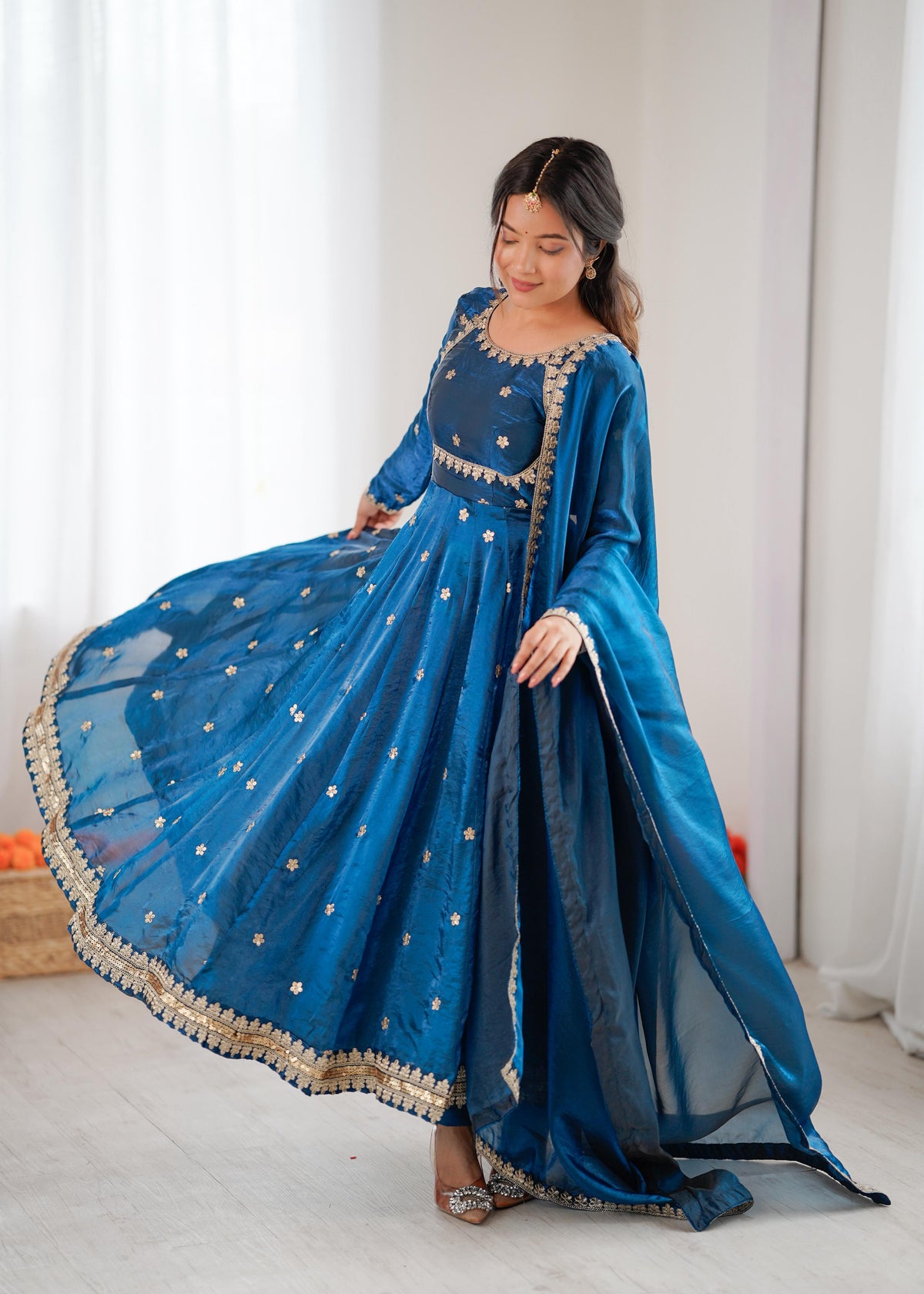 Teal Blue Silk Embroidered Gown Set with Dupatta for Women