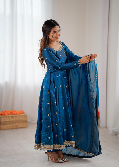 Teal Blue Silk Embroidered Gown Set with Dupatta for Women