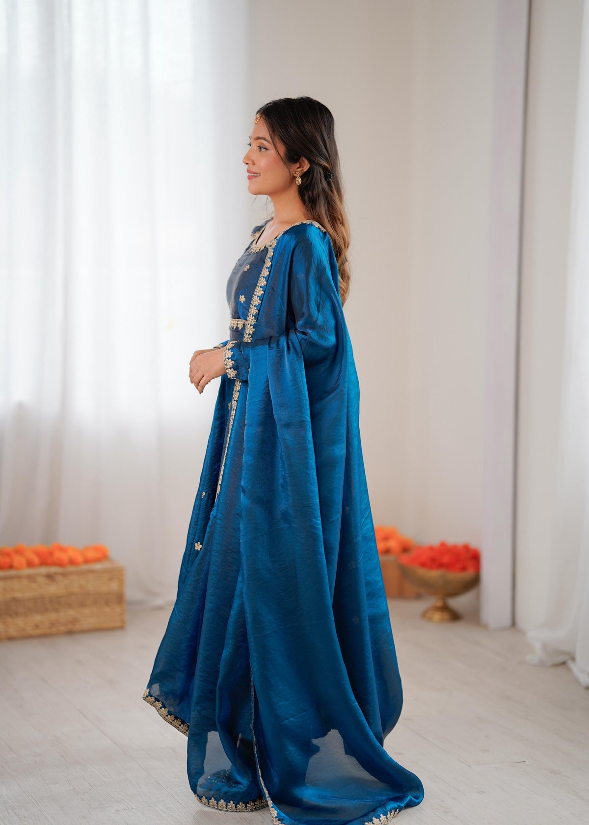 Teal Blue Silk Embroidered Gown Set with Dupatta for Women