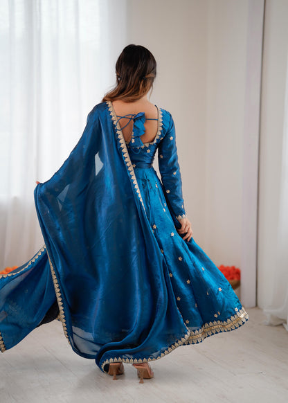 Teal Blue Silk Embroidered Gown Set with Dupatta for Women
