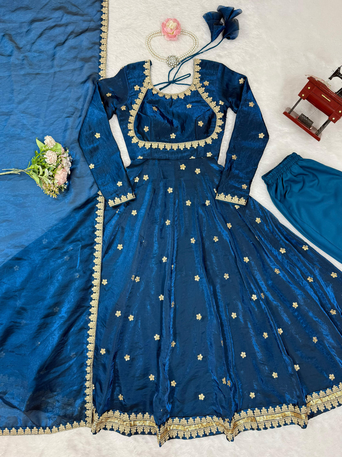 Teal Blue Silk Embroidered Gown Set with Dupatta for Women