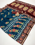 Teal Blue Floral Digital Uppada Silk Saree With Blouse