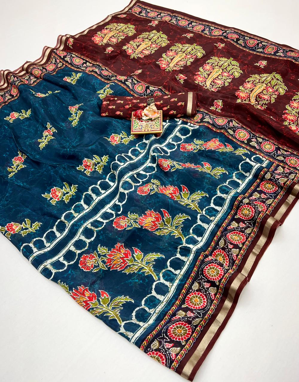 Teal Blue Floral Digital Uppada Silk Saree With Blouse for Women