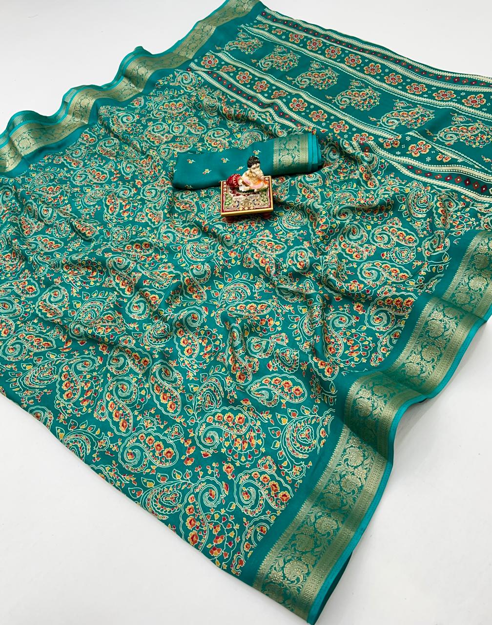 Teal Calcutta Moss Georgette Printed Saree for Women