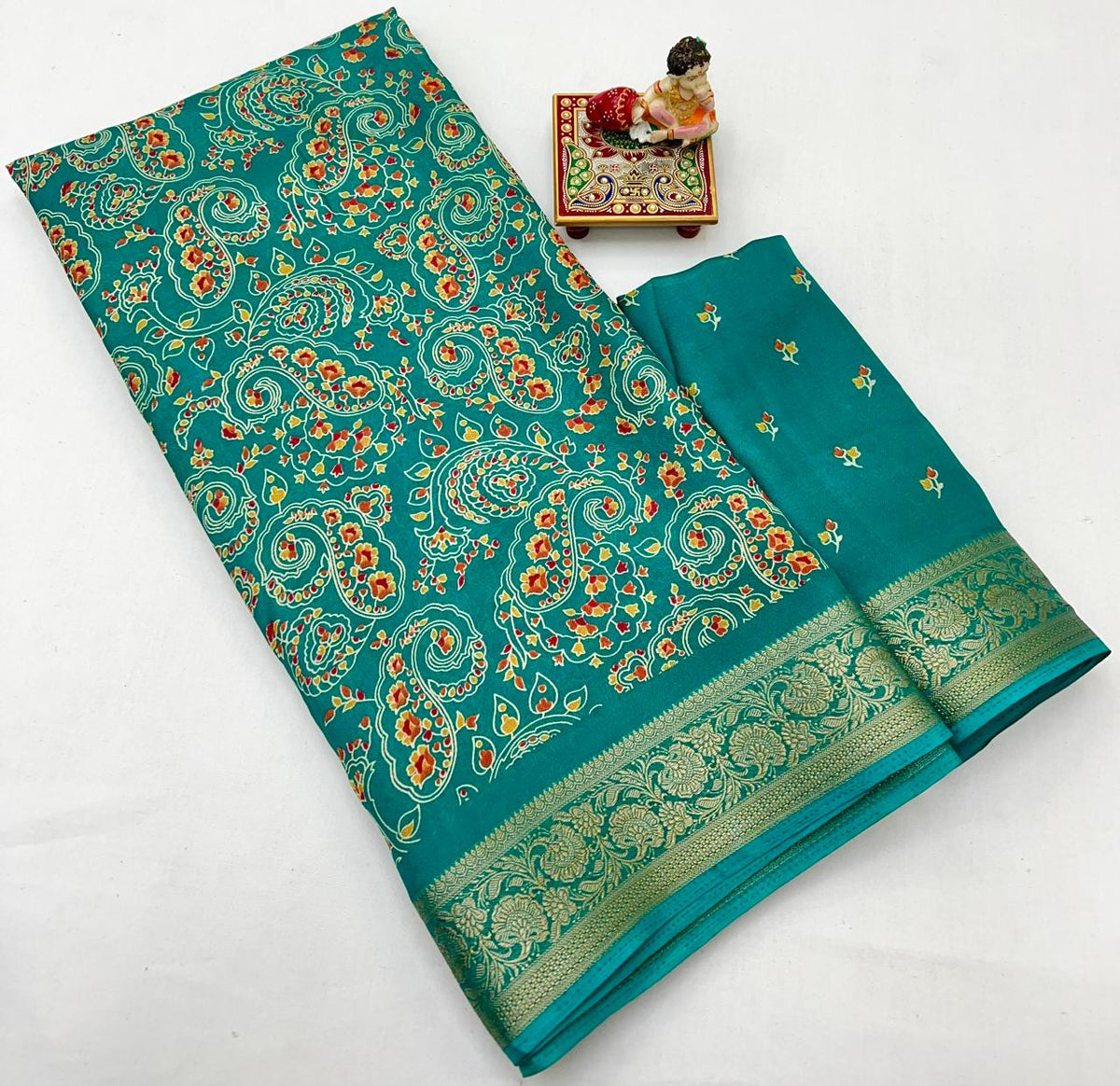 Teal Calcutta Moss Georgette Printed Saree for Women