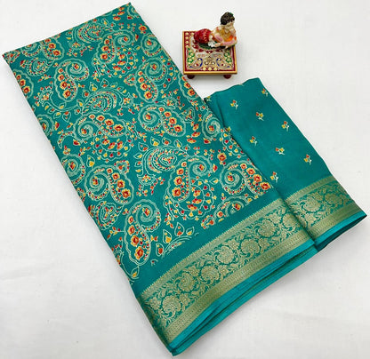Teal Calcutta Moss Georgette Printed Saree for Women