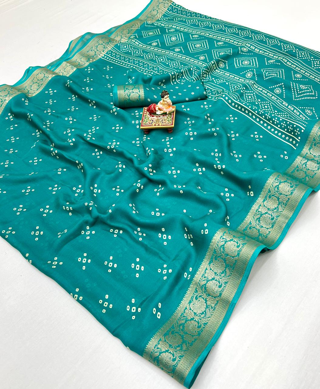 Teal Calcutta Moss Georgette Printed Saree With Zari for Women