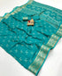 Teal Calcutta Moss Georgette Printed Saree With Zari for Women