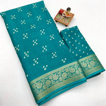 Teal Calcutta Moss Georgette Printed Saree With Zari for Women