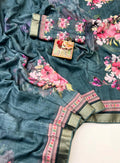 Teal Green Cotton Digital Print Saree With Work Blouse
