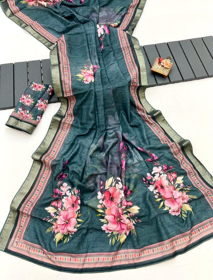 Teal Green Cotton Digital Print Saree With Work Blouse for Women
