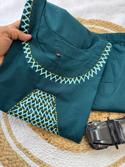 Teal Cotton A-Line Kurti Pant Set with Handwork for Women